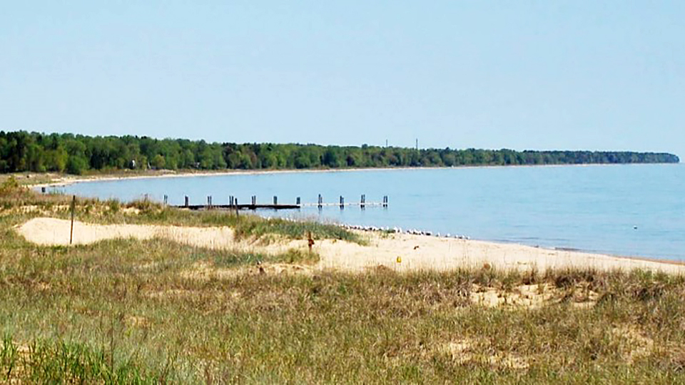 A wooden dock extends from a lakeshore comprised of vegetation-covered sand dunes, with trees visible on the shore across a shallow bay.