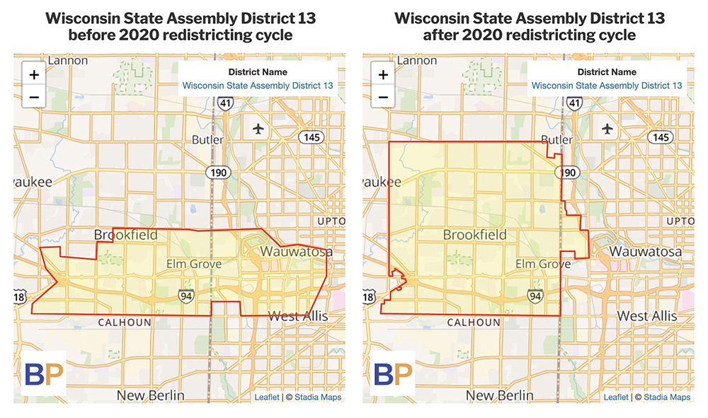 Two side-by-side maps show the outlines of Wisconsin State Assembly District 13 before and after the 2020 redistricting cycle superimposed over major roadways and the names of municipalities.
