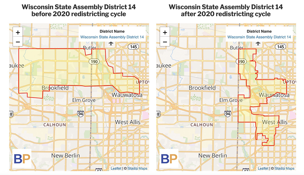 Two side-by-side maps show the outlines of Wisconsin State Assembly District 14 before and after the 2020 redistricting cycle superimposed over major roadways and the names of municipalities.