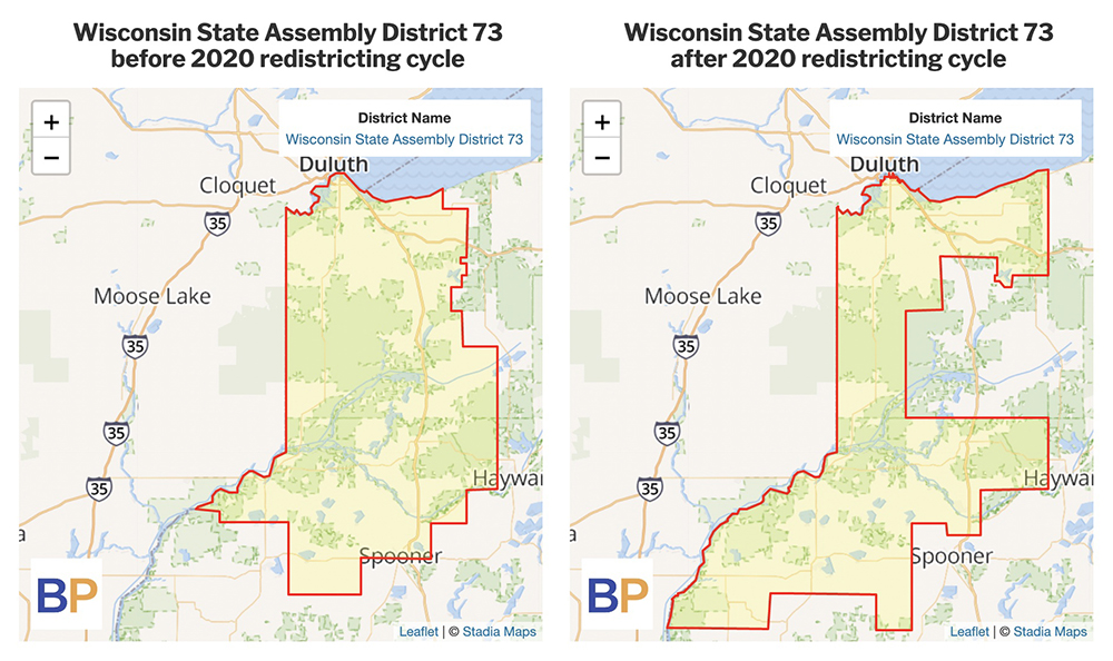 Two side-by-side maps show the outlines of Wisconsin State Assembly District 73 before and after the 2020 redistricting cycle superimposed over major roadways and the names of municipalities.