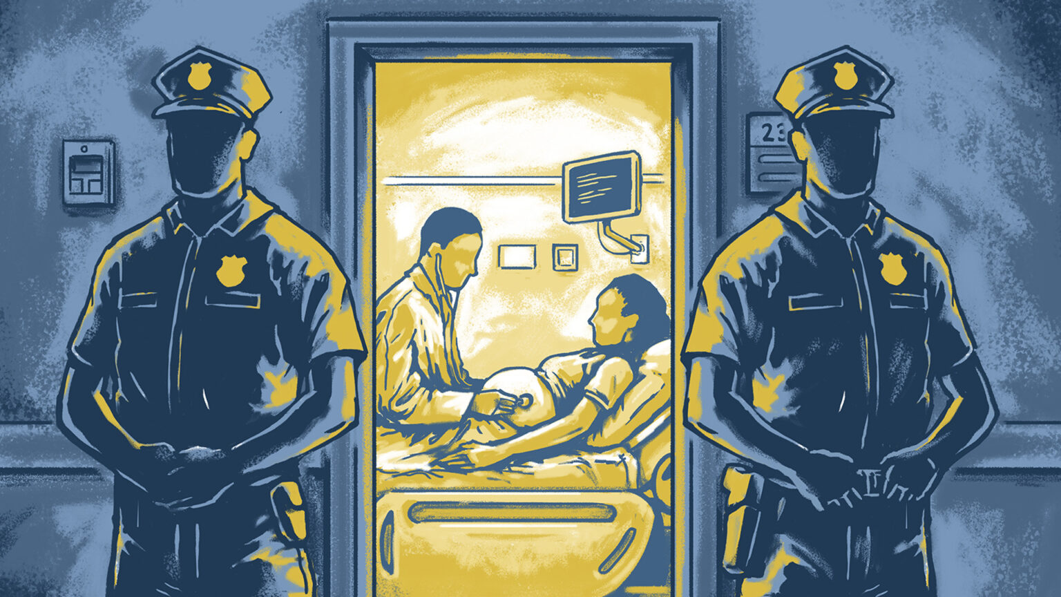 An illustration shows two police officers standing guard outside a door of a medical examination room where a health care provider is placing a stethoscope on the abdomen of a pregnant patient in a hospital bed.