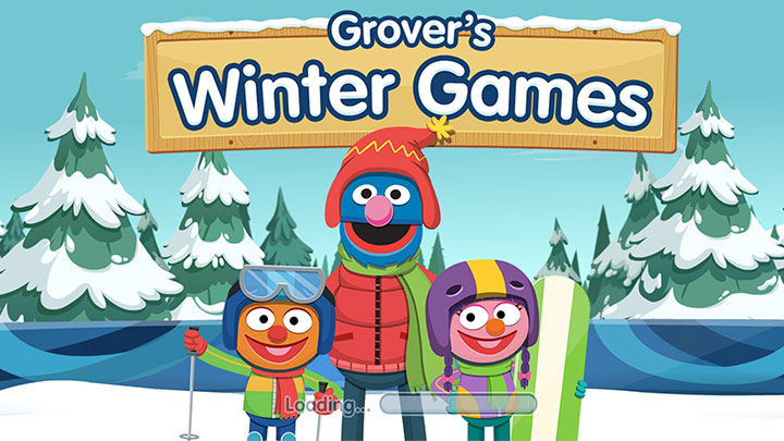 Grover and two children standing in front of trees full of snow and a sign that reads "Grover's Winter Games"