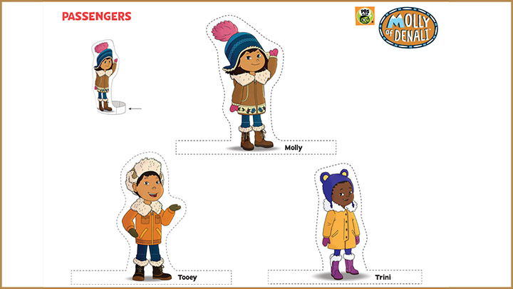 Cutout characters from Molly of Denali for dogsled activity