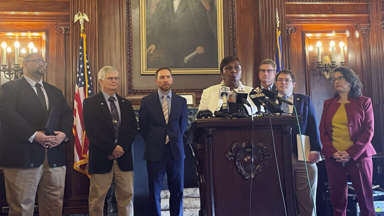 LaTonya Johnson stands behind a wood podium with multiple microphones mounted on it with other state senators standing on either side of her in a room with wood-paneled walls, sconce-style lighting fixtures, a painting and the U.S. and Wisconsin flags.