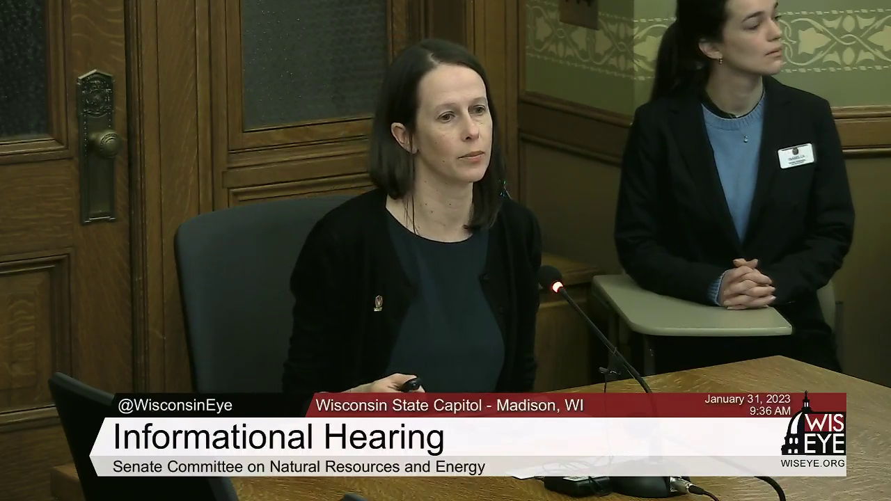 Christy Remucal sits in a chair at a table and speaks into a microphone, with another seated person and closed door in the background, with a video graphic on the bottom of the image noting an Information Hearing for the Senate Committee on Natural Resources and Energy.