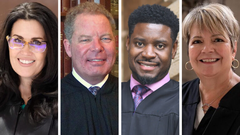 Four side-by-side images show portraits of Jennifer Dorow, Daniel Kelly, Everett Mitchell and Janet Protasiewicz, with each wearing judicial robes.