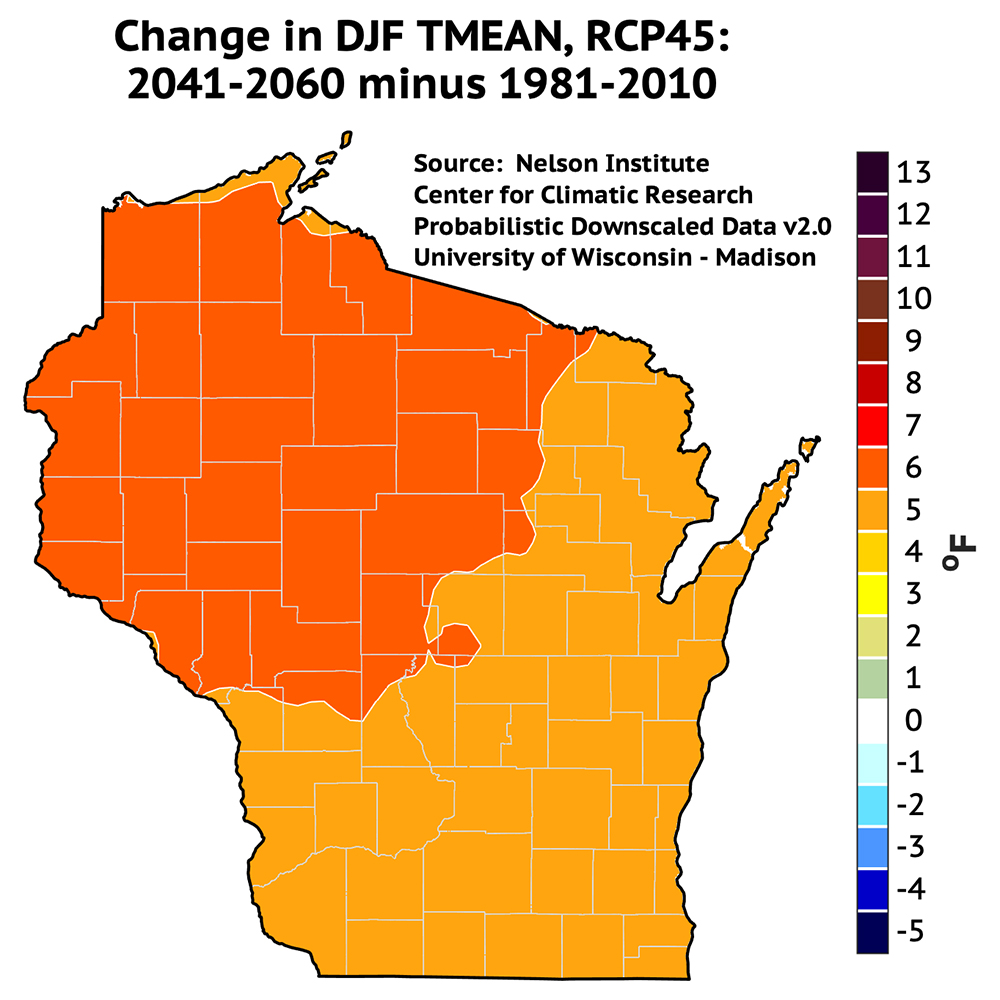 A map showing Wisconsin with outlines for counties is titled "Change in DJF TMEAN, RCP45: 2041-2060 minus 1981-2010" and includes a temperature scale showing increases of 5-6 degrees Fahrenheit across the state.