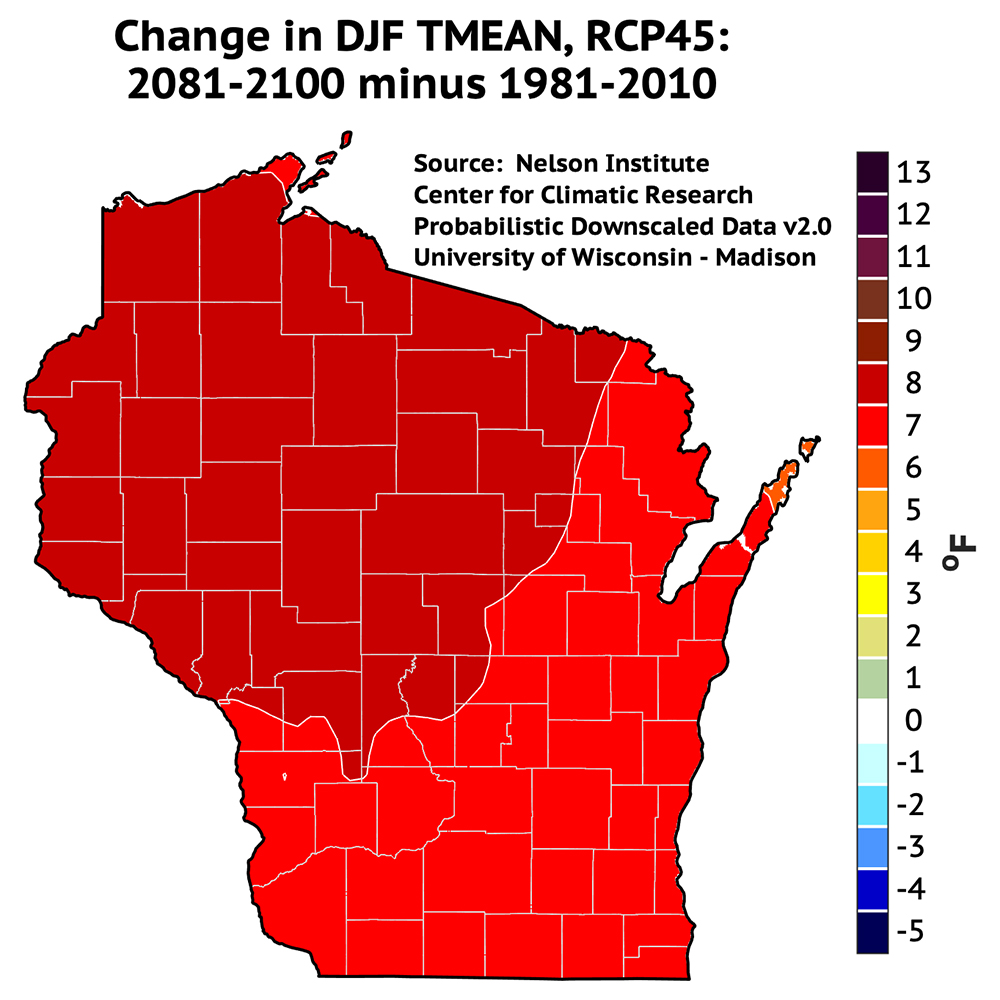 A map showing Wisconsin with outlines for counties is titled "Change in DJF TMEAN, RCP45: 2081-2100 minus 1981-2010" and includes a temperature scale showing increases of 7-8 degrees Fahrenheit across the state.