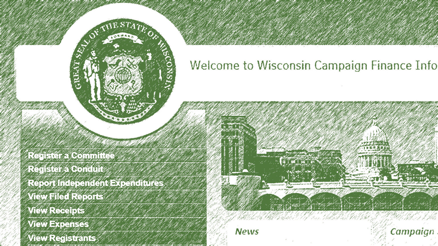 An illustration shows a screenshot of a portion of the Wisconsin Campaign Finance Information System website homepage is stylized with diagonal lines tinted green.