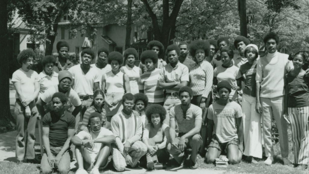 A group of Black students pose on Lawrence University's campus in the 1960s.