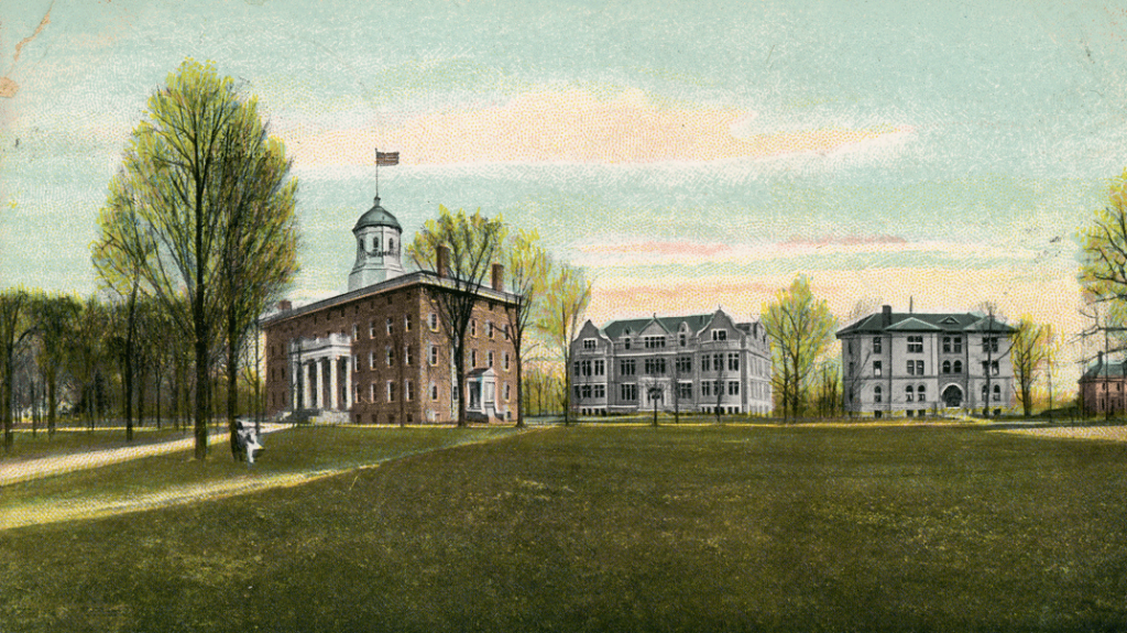 A vintage postcard of Lawrence University campus, in a soft watercolor style.
