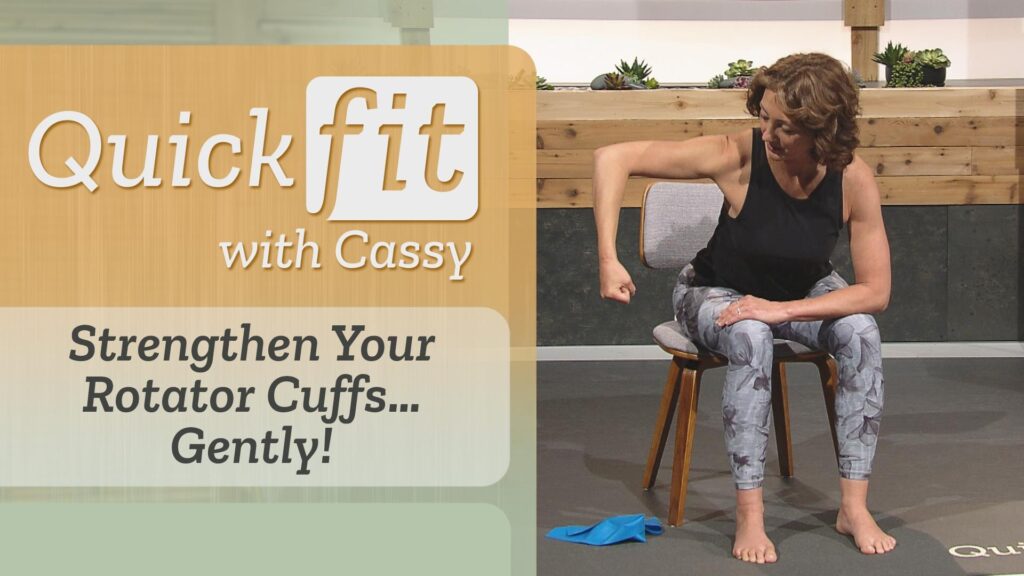 Left, "Strengthen Your Rotator Cuffs...Gently!" right, Cassy sits in a chair and makes a right angle with her elbow, fist to the floor. 