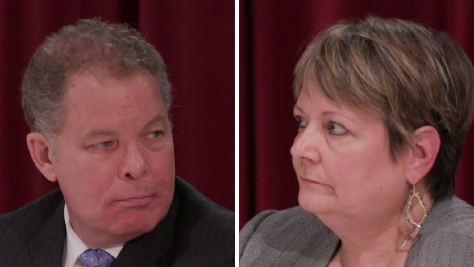 Two side-by-side images show Daniel Kelly looking to his left and Janet Protasiewicz looking to her right.