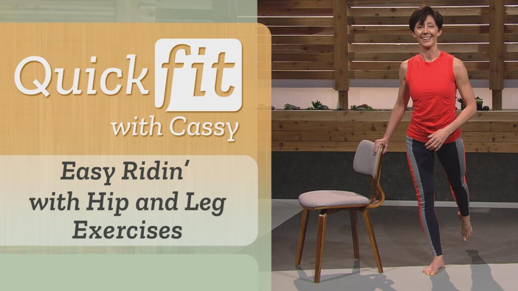 Left, "Easy Ridin' with Hip and Leg Exercises" right, Cassy balances using a chair and one foot extended behind her.