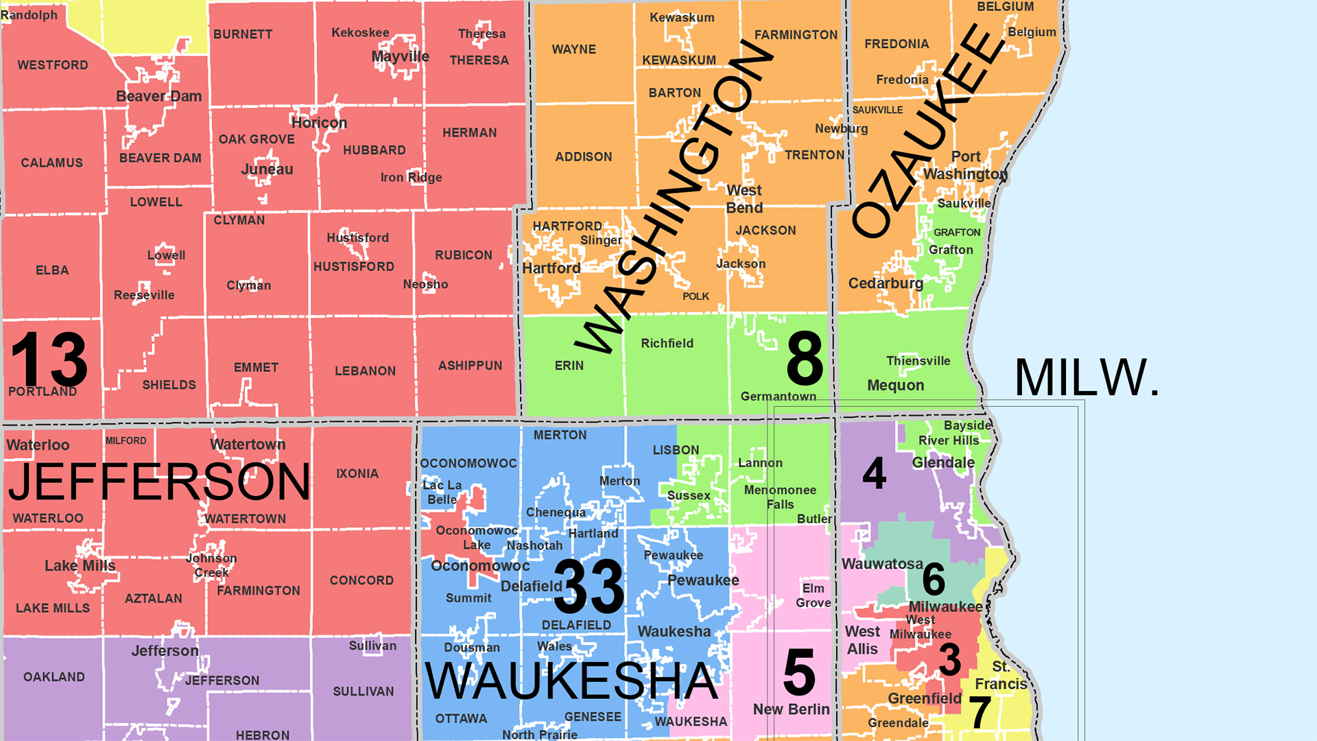 A map shows the outlines and municipalities included in Wisconsin Senate District 8 alongside surrounding districts and counties.