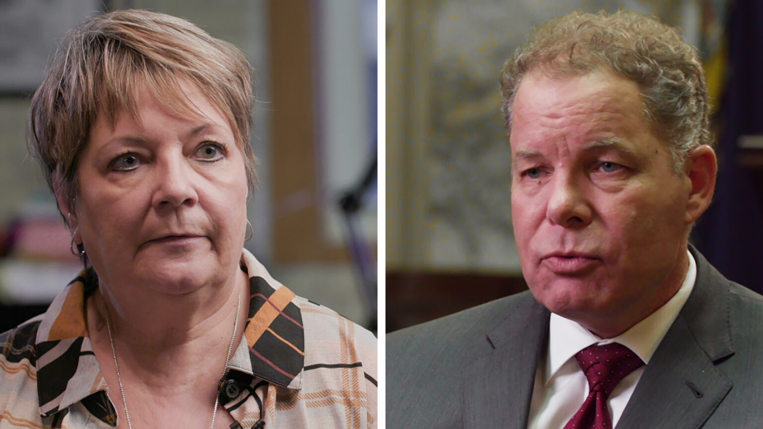 Side-by-side images show Janet Protasiewicz and Daniel Kelly seated in different rooms.