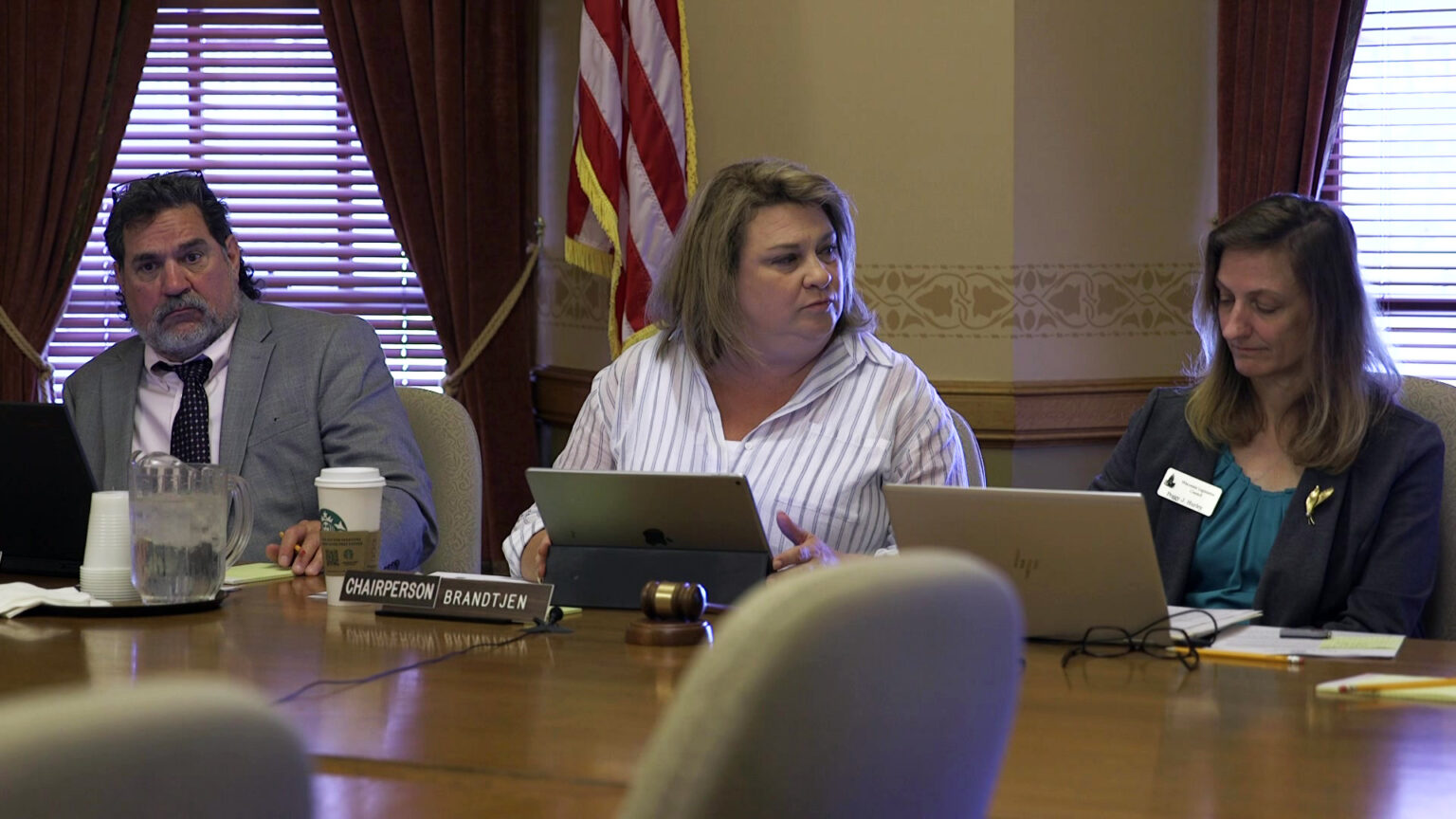 Janel Brandtjen sits at a table while facing a laptop computer screen and behind nameplates reading Chairperson and Brandtjen, with other people seated on either side of her, in a room with a U.S. flag and windows with lowered open blinds and tied-back curtains.