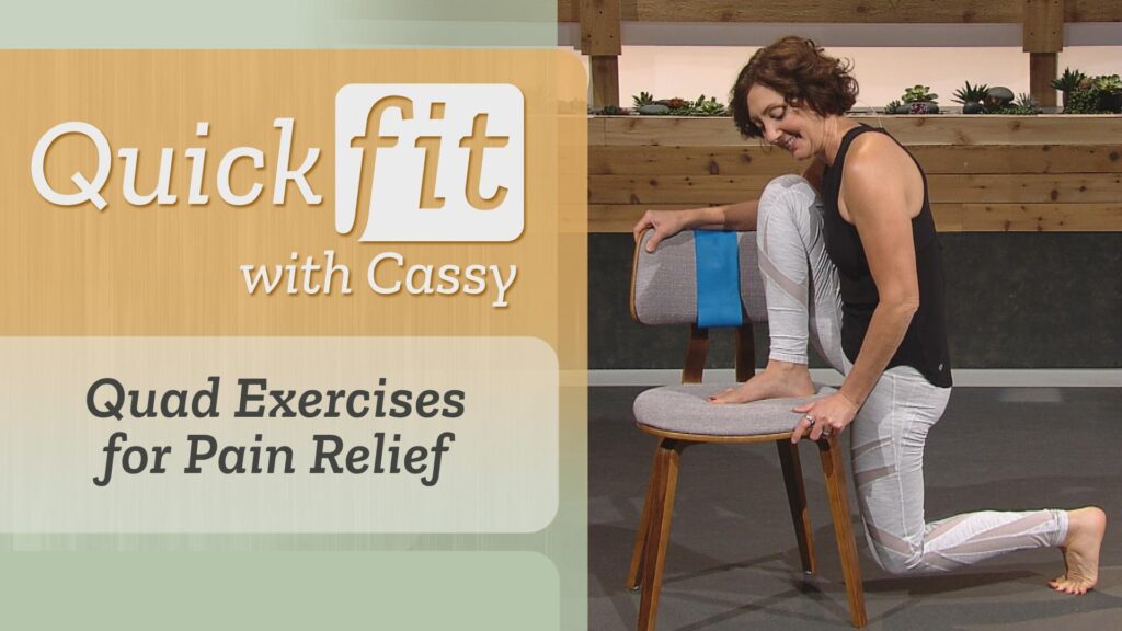 Left, "Quad Exercises for Pain Relief," right, Cassy stretches her quad using a chair.