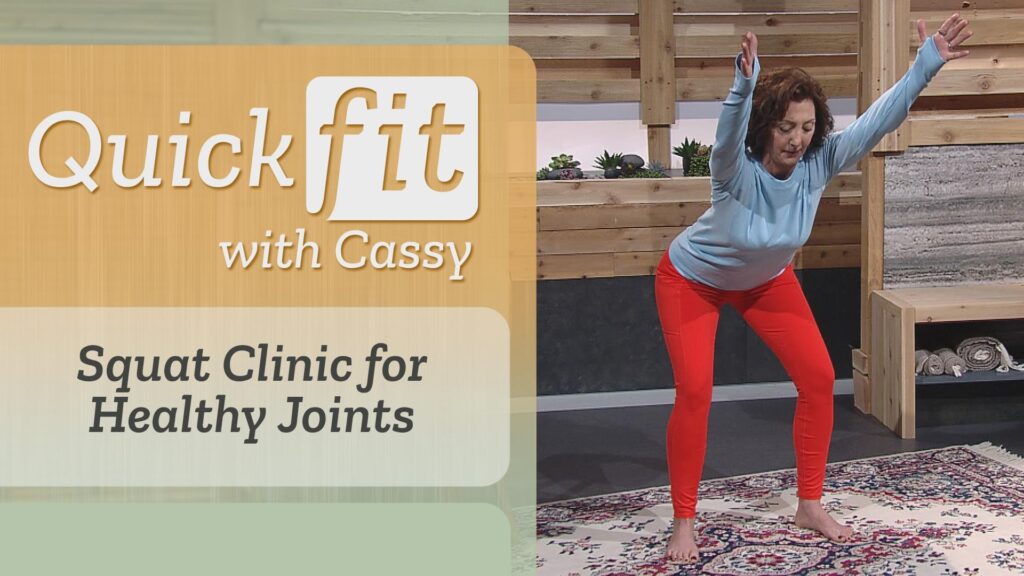 Left, "Squat Clinic for Healthy Joints" right, Cassy shows proper form for a squat with her hips back and arms raised.