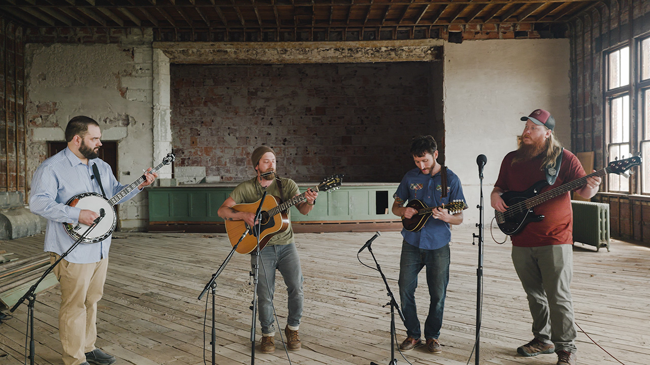 Four musicians with string instruments perform