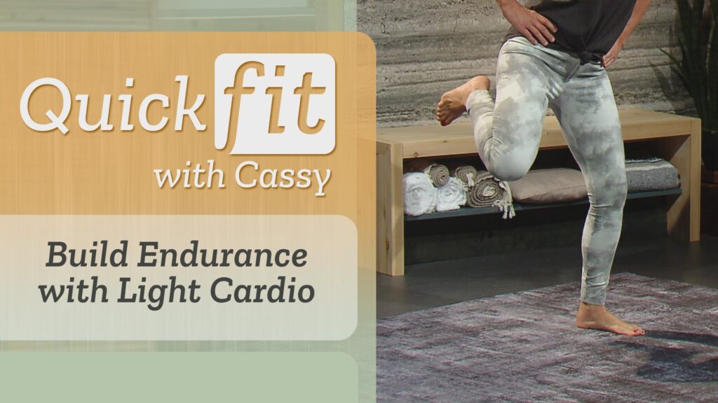 Left, "Build Endurance with Light Cardio," right, Cassy's legs, with one lifted in a running motion.