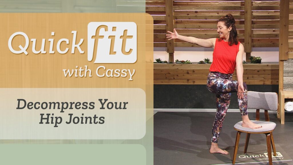 Left, "Decompress Your Hip Joints," right, Cassy stands with one hand on a chair and the other behind her as she twists her torso.