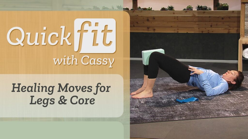 Left, "Healing Moves for Legs & Core," right, laying on the ground, Cassy lifts her pelvis towards the ceiling.