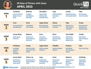 A thumbnail of the April 2023 Quick Fit With Cassy Workout Calendar.