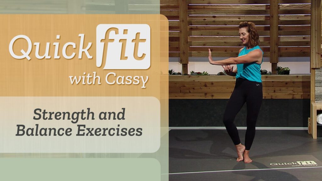 Left, "Strength and Balance Exercises," right, Cassy twists her torso and lifts the heel of one foot.
