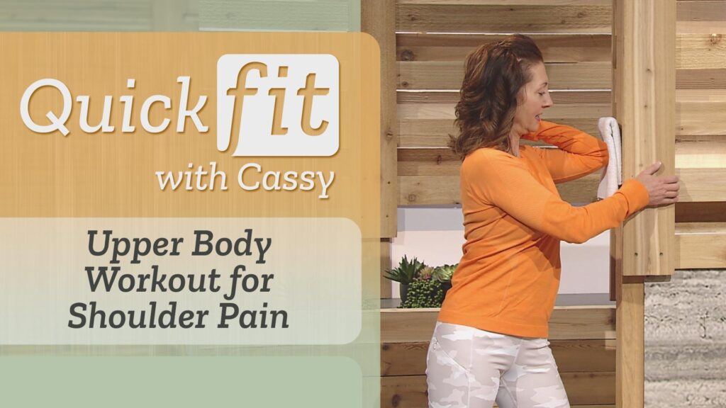 Left, "Upper Body Workout for Shoulder Pain," right, Cassy presses her elbow against a doorframe.