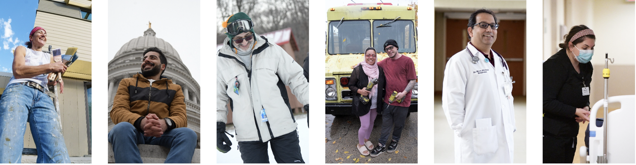 Collage of images showing Wisconsin Muslims doing everyday activities.