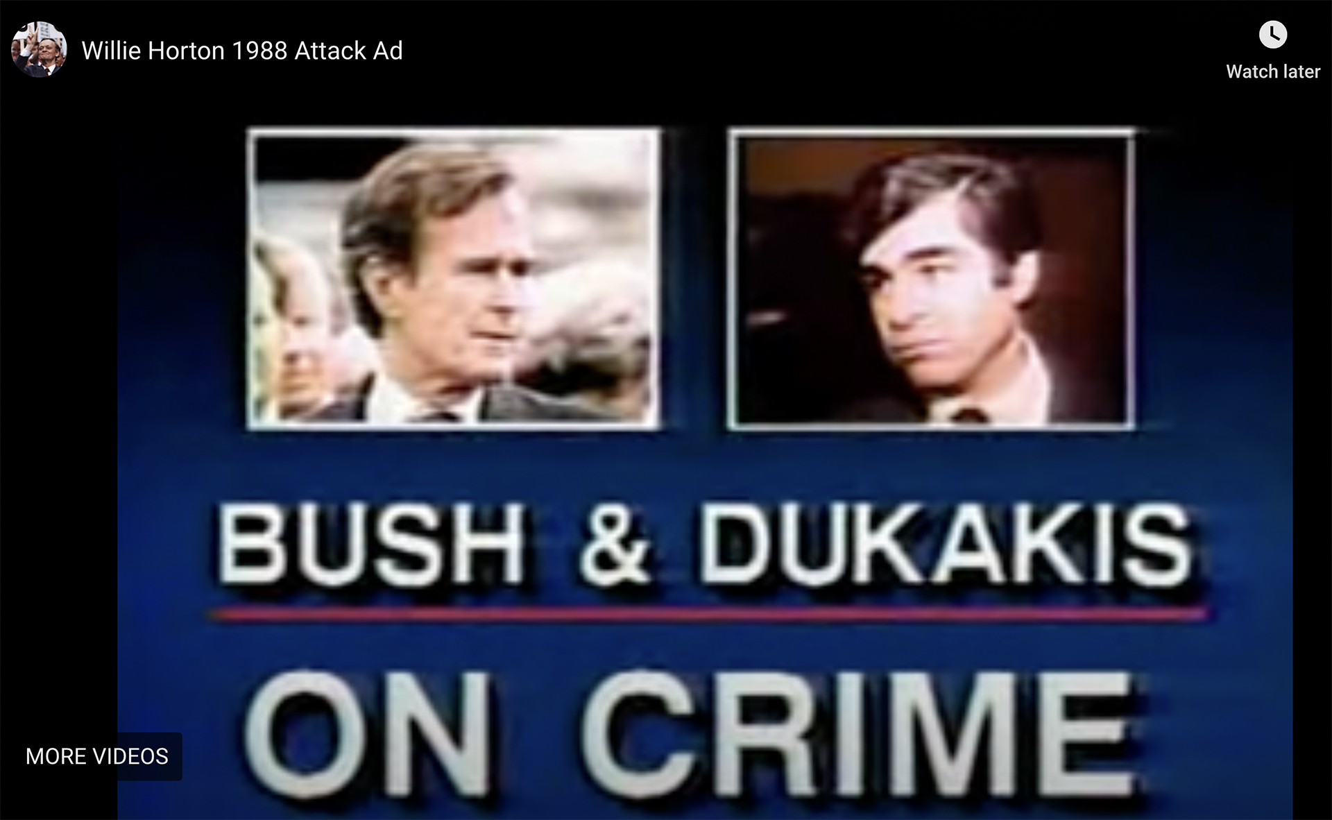A still image from a video shows portraits of George H.W. Bush and Michael Dukakis along with the words "Bush & Dukakis" and "On Crime."