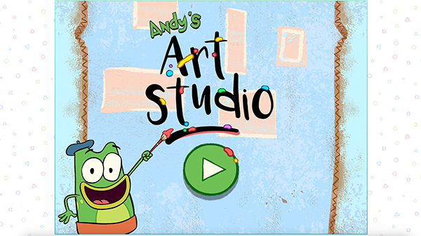 Let's Go Luna's Andy holding a paint brush and pointing to the play button of Andy's Art Studio online game.