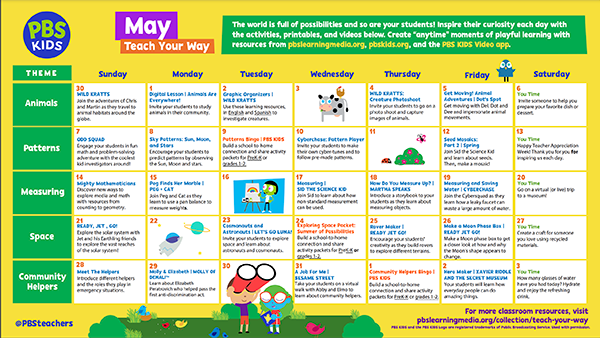May 2023 calendar of PBS KIDS activities.