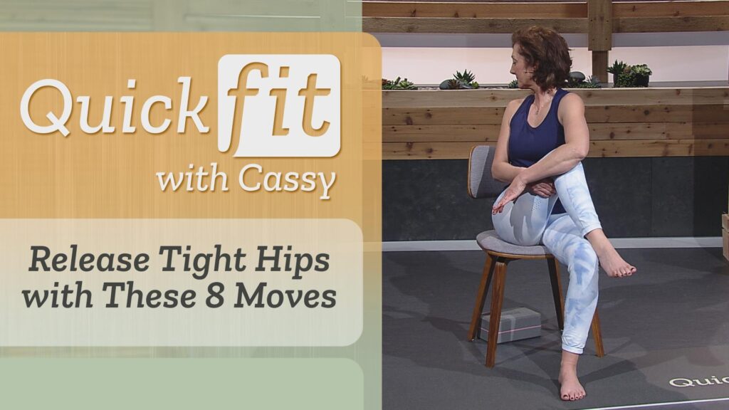 Left, "Release Tight Hips with These 8 Moves," right, Cassy sits on a chair and twists her torso behind as she crosses one knee over the other. 