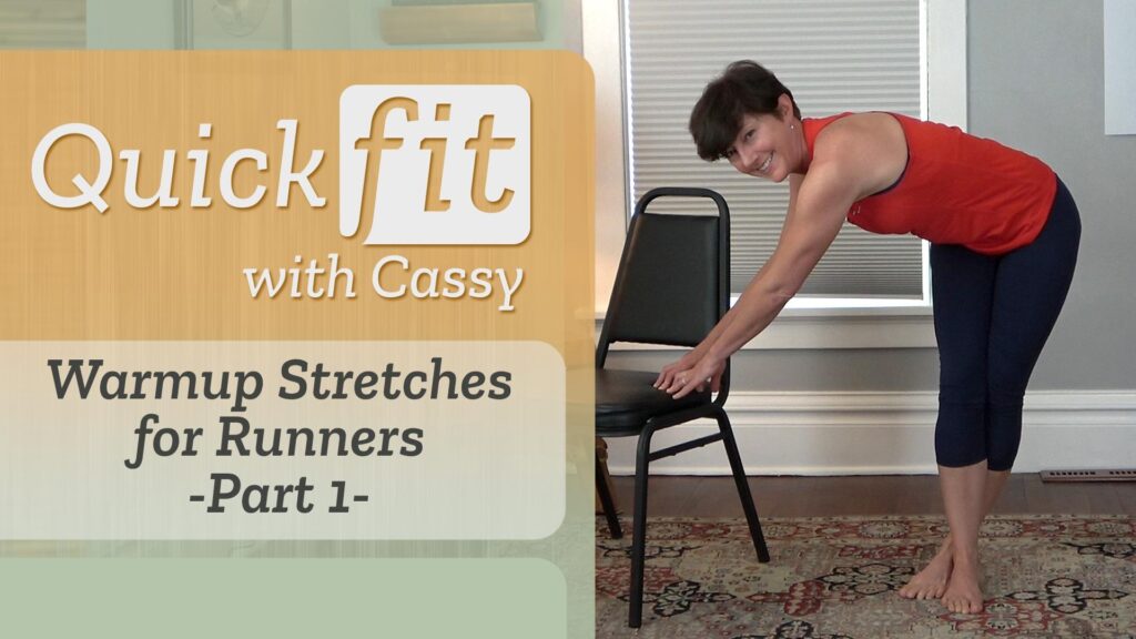 Left, "Warmup Stretches for Runners - Part 1," right, Cassy crosses one foot over the other and bends at the waist to stretch her arms down to a chair.