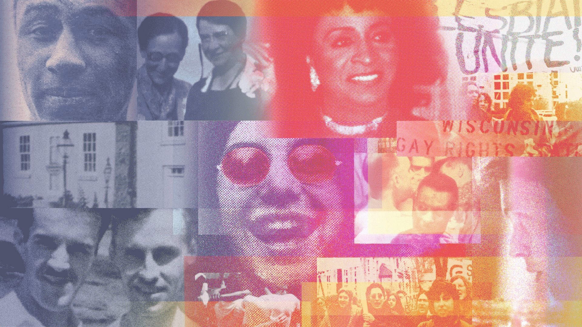 A colorful collage of historical images from Wisconsin's LGBTQ+ past.
