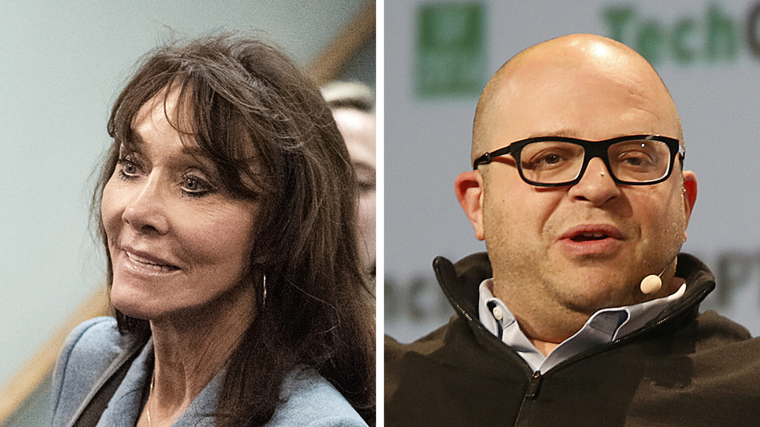 Two side-by-side photos show Diane Hendricks and Jeff Lawson in different locations.