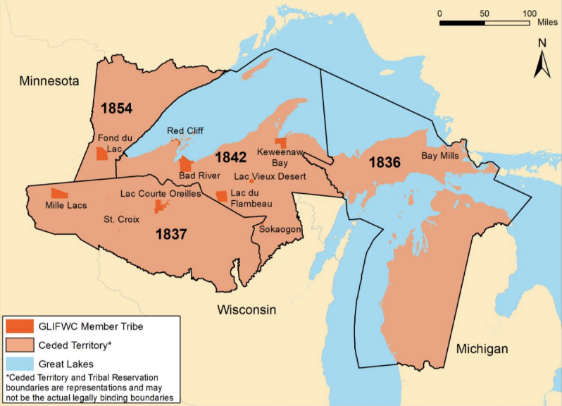 A map of the western Great Lakes region shows territories ceded in treaties superimposed over the present-day reservations of Ojibwe tribal nations and the names of states.