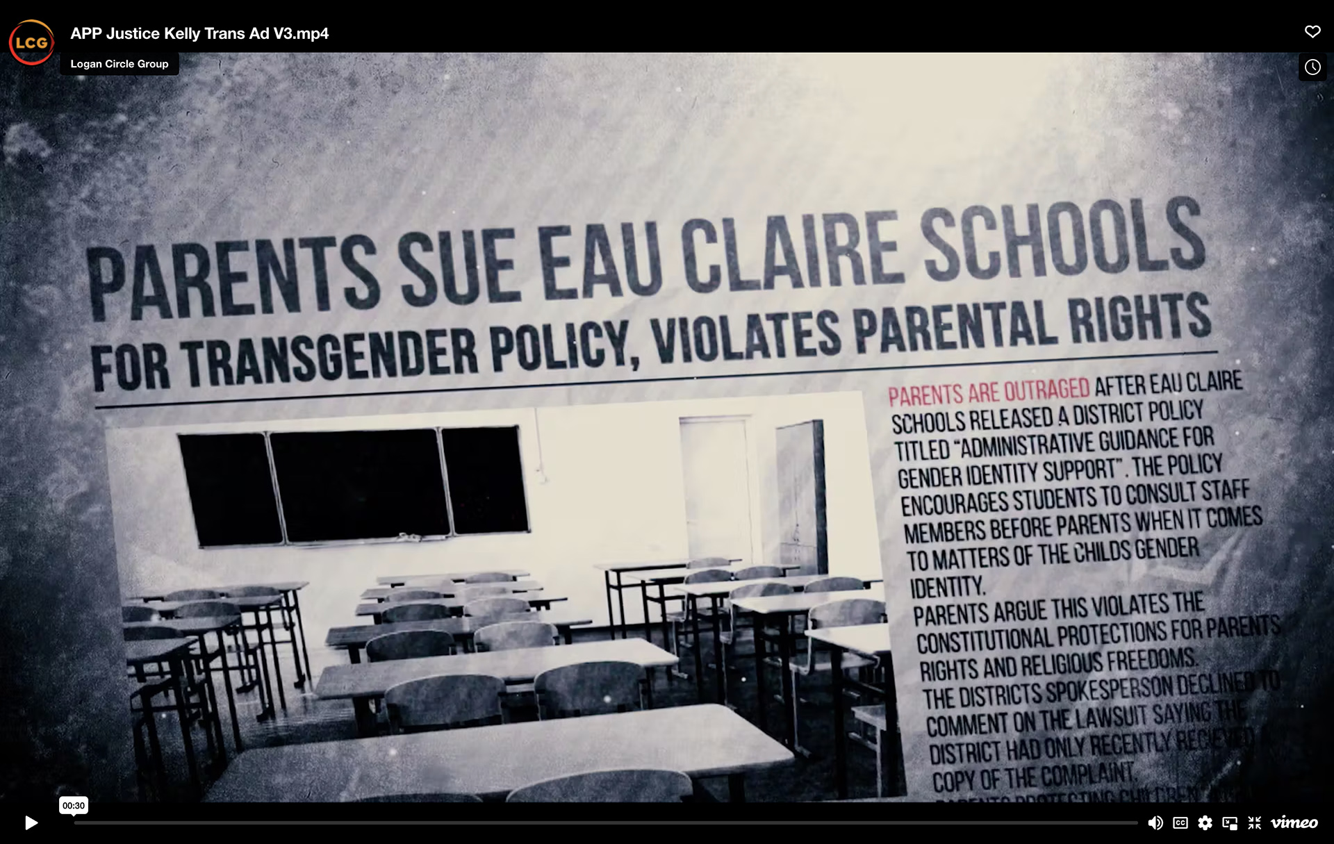 A still image from a video shows an illustration with a photo of a classroom and header text that reads "Parents Sue Eau Claire Schools for Transgender Policy, Violates Parental Rights."