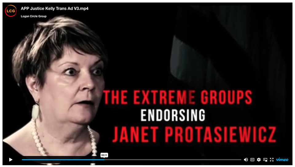 A still image from a video shows an image of Janet Protasiewicz and the text "The Extreme Groups Endorsing Janet Protasiewicz."