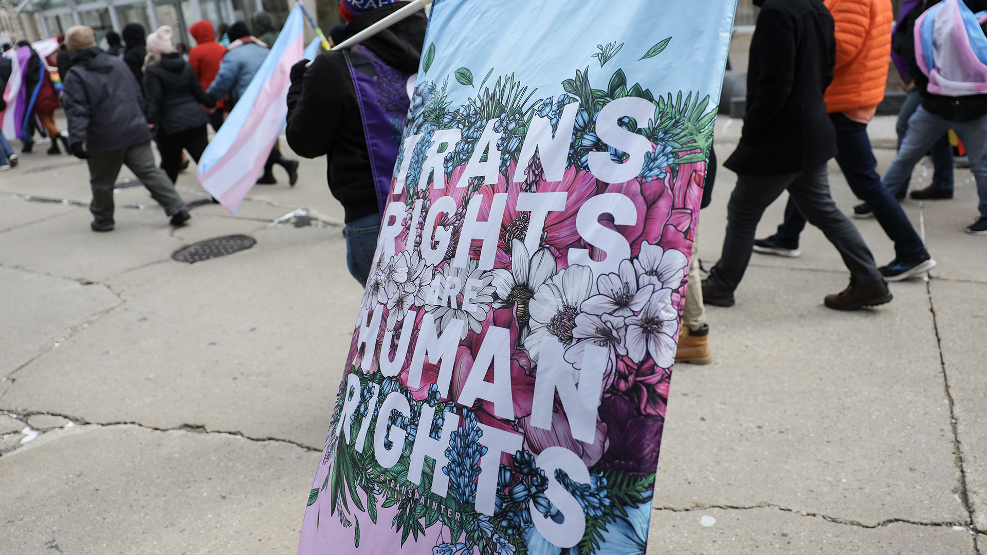 A group of people walk together in one direction along a street, with one person in the foreground holding a flag with illustrations of flowers and foliage superimposed with the words "Trans Rights Are Human Rights."