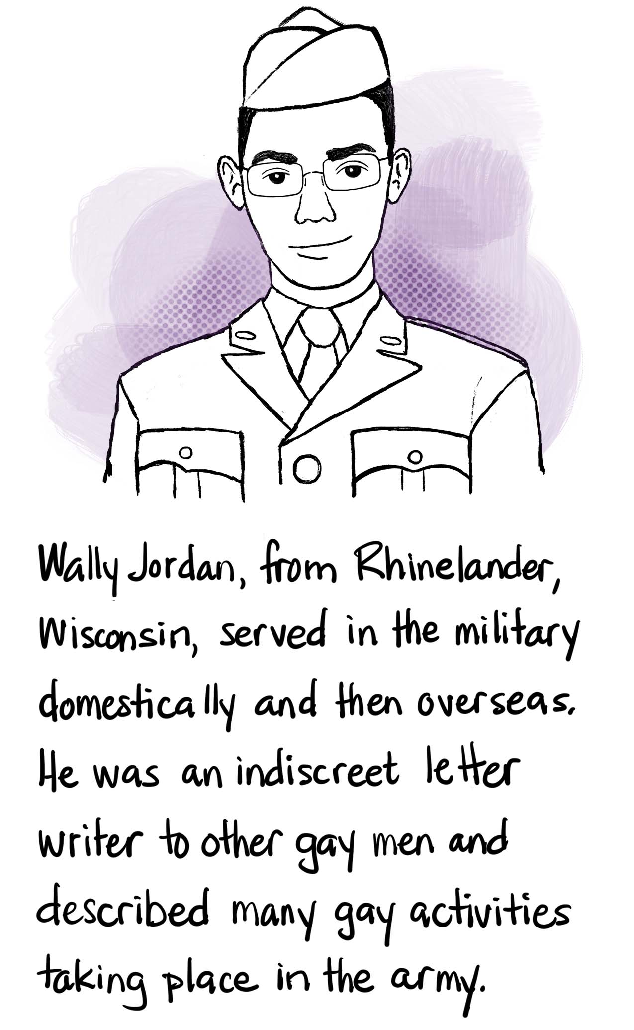 Image: A portrait of Wally in uniform. Text: Wally Jordan, from Rhinelander, Wisconsin, served in the military domestically and then overseas. He was an indiscreet letter writer to other gay men and described many gay activities taking place in the army.