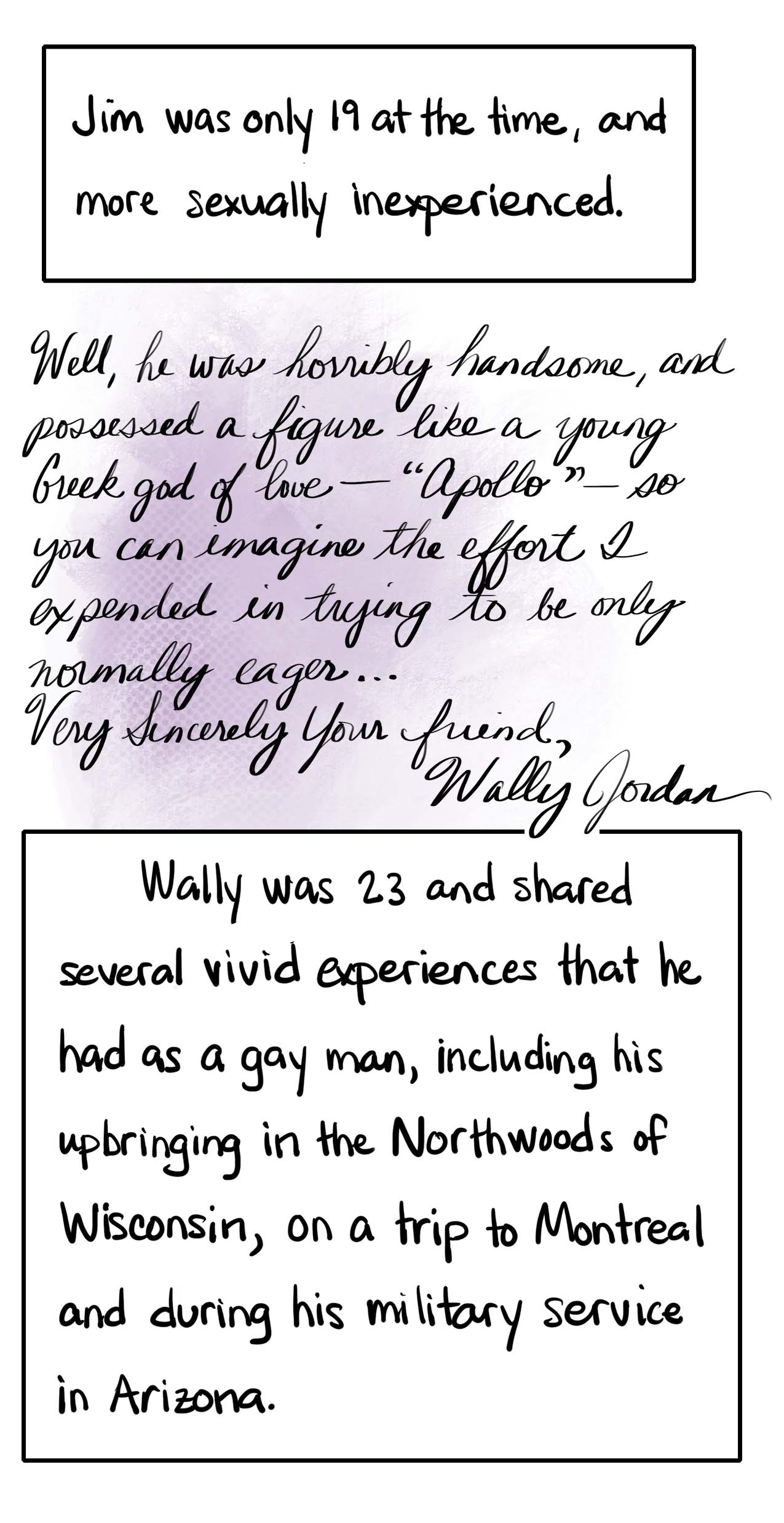 Image: Well, he was horribly handsome, and possessed a figure like a young greek god of love — “Apollo” — so you can imagine the effort I expended in trying to be only normally eager. Text: Jim was only 19 at the time, and more sexually inexperienced. Wally was 23 and shares several vivid experiences that he has had as a gay man, including his upbringing in the Northwoods of Wisconsin, on a trip to Montreal and during his military service in Arizona.