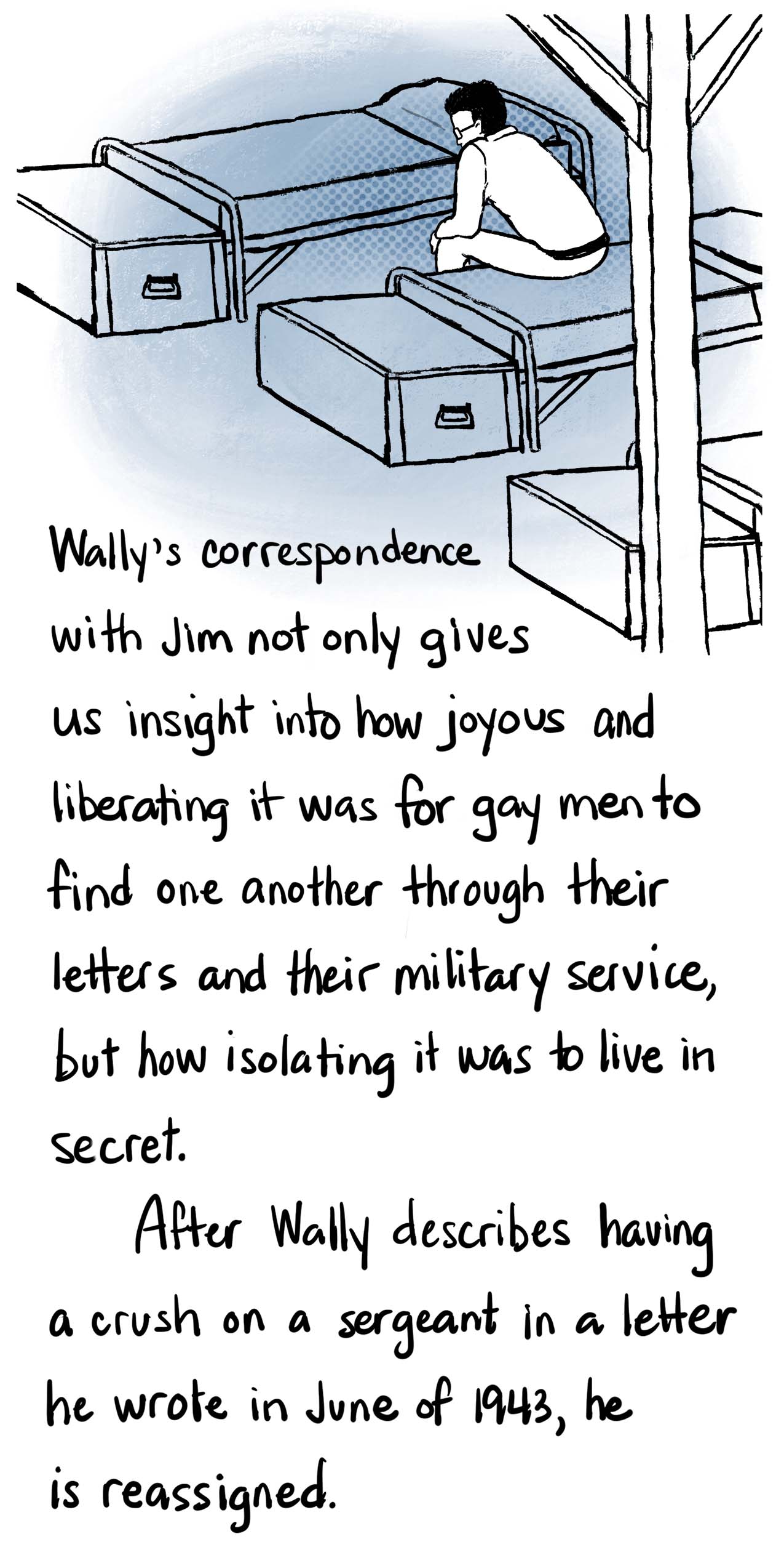 Image: Wally looking lonely in a barracks. Text: Wally’s correspondence with Jim not only gives us insight into how joyous and liberating it was for gay men to find one another through their letters and their military service, but how isolating it was to live in secret. After Wally describes having a crush on a sergeant, in a letter he wrote in June of 1943, he is reassigned.