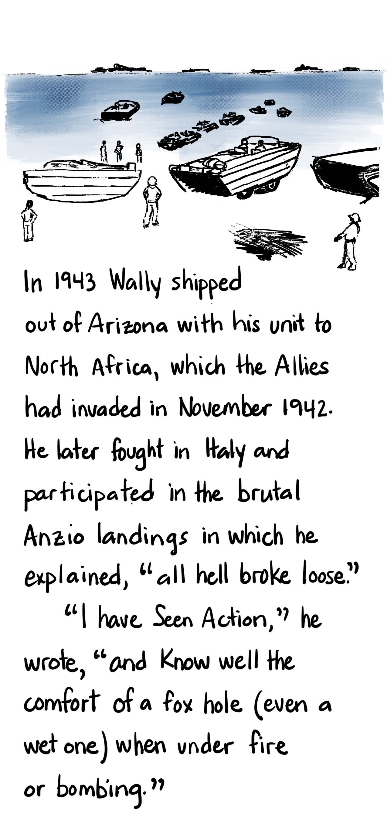 Image: Anzio landing, ducks. Text: In 1943 Wally shipped out of Arizona with his unit to North Africa, which the Allies had invaded in November 1942. He later fought in Italy and participated in the brutal Anzio landings in which he explained, “all hell broke loose.” “I have Seen Action," he wrote, “and Know well the comfort of a fox hole (even a wet one) when under fire or bombing.”