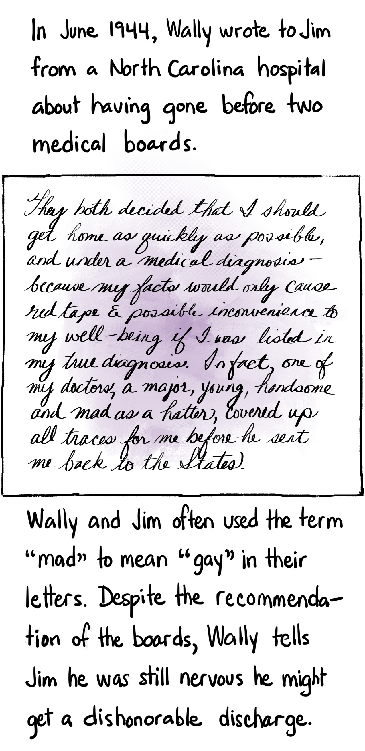 Text: In June 1944, Wally wrote to Jim from a North Carolina hospital about having gone before two medical boards. Image of letter: “They both decided that I should get home as quickly as possible, and under a medical diagnosis—because my facts would only cause red tape & possible inconvenience to my well-being if I was listed in the true diagnosis. In fact one of my doctors, a major, young, handsome, and mad as a hatter, covered up all traces for me before he sent me back here to the States.” Text: Wally and Jim often used the term “mad” to mean “gay” in their letters. Despite the recommendation of the boards, Wally tells Jim he was still nervous he might get a dishonorable discharge.