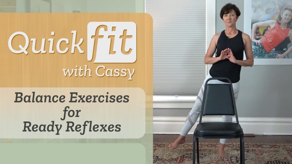 Left, "Balance Exercises for Ready Reflexes," right, Cassy stands behind a chair and leans to one side as she balances on one foot.
