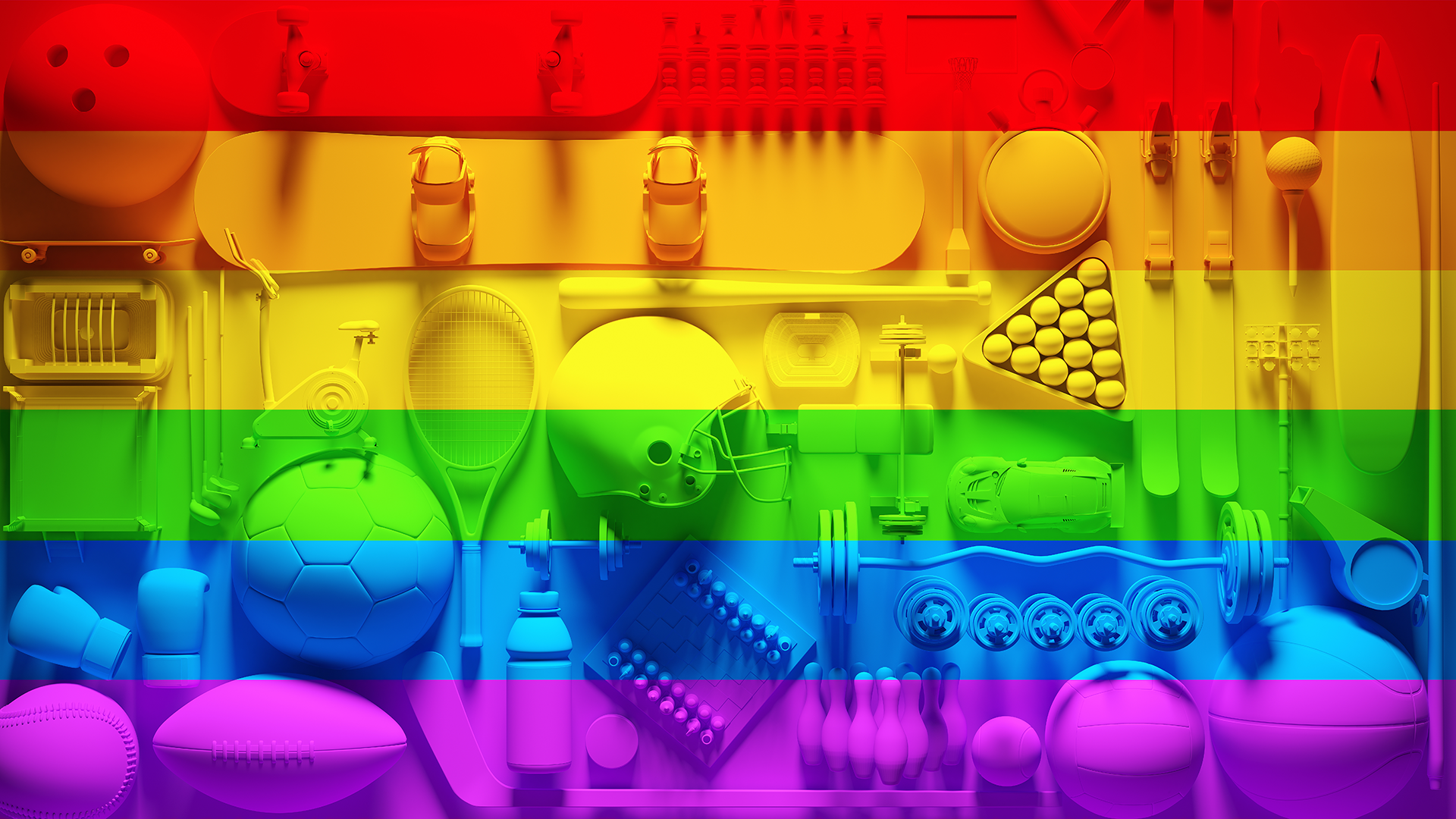 An array of athletic and sporting equipment is overlaid with full rainbow Pride colors
