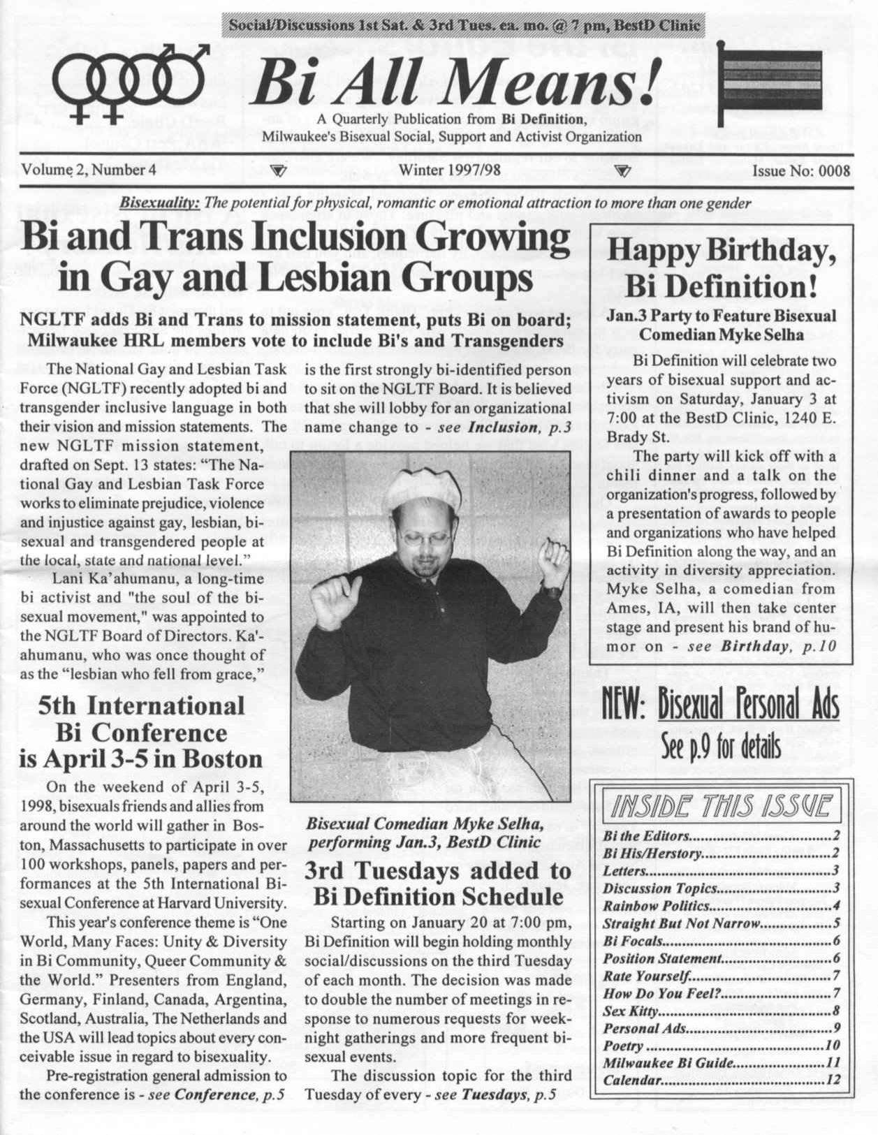 The front page of the Bi All Means! newsletter from Winter 1997/98 published by Bi Definition, a Milwaukee based bisexual support group active from the mid 1990s to the mid 2000s